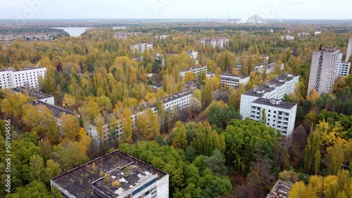 A drone view of the streets of the town of Pripyat near Chernobyl