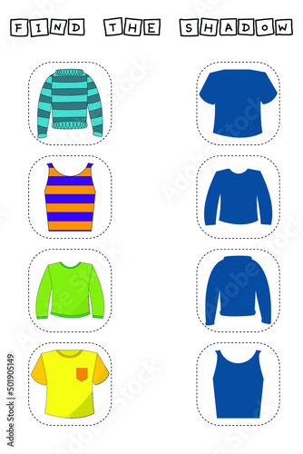 Find correct shadow with  sweaters  t-shirt  long sleeve.  Kids educational game.  