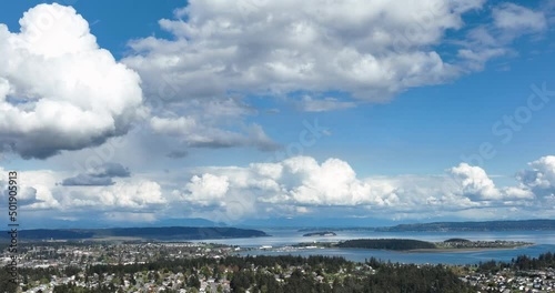 Wide panning aerial shot of the cloudy and blue sky above Whidbey Island's Oak Harbor. photo