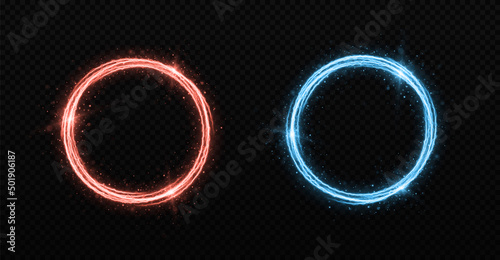 Set of circle rings with fire effects. Fiery burning rings on transparent background.