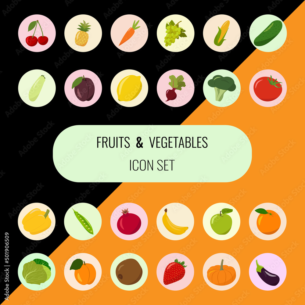 Fruits and vegetables. Set of 24 icon. Vector illustration with black and orange background. Fruits and vegetables. Set of 24 icon. Vector illustration with black and orange background.
