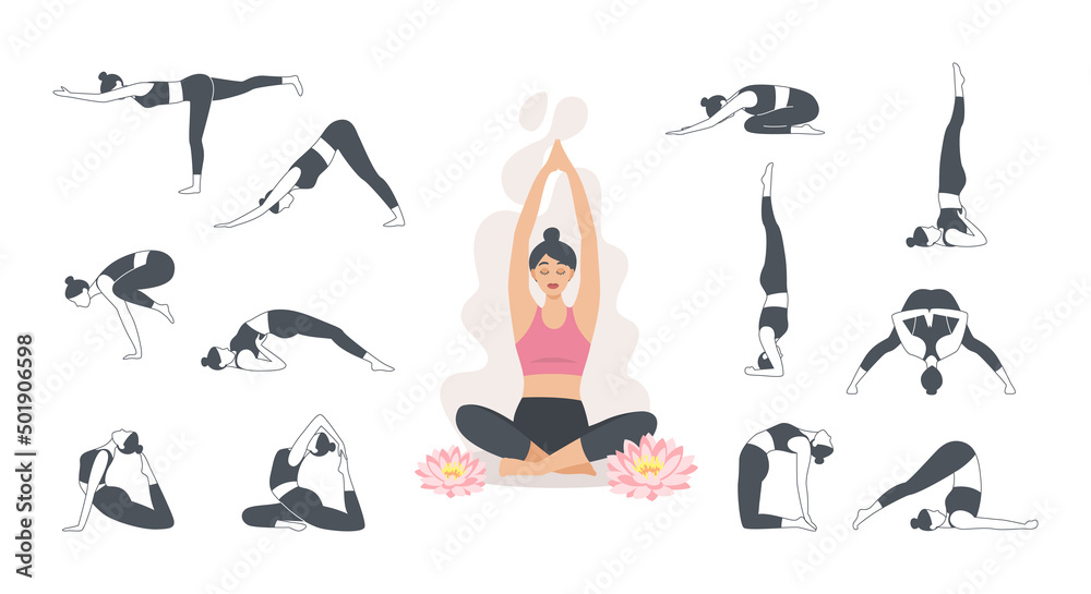 Set of sporty young woman doing yoga. Healthy lifestyle. Vector collection of female characters demonstrating different yoga positions isolated on white background