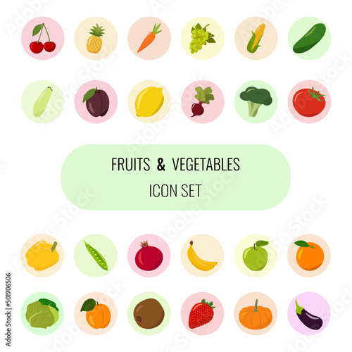 Fruits and vegetables. Set of 24 icon. Vector illustration with white background