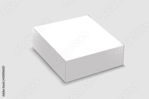 Closed white realistic cardboard box with paper and a sticker on a light background. The concept of business gifts. Mock up. 3d rendering