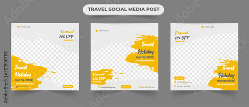 Travel and tour vacation sale social media post banner with editable photo for traveling agency business promotion design template