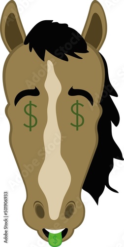 Vector illustration of the face of a cartoon horse, with the dollar sign in his eyes and tongue photo