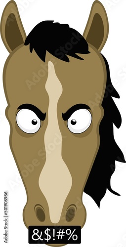 Vector illustration of the face of a cartoon horse with an angry expression and I have insults in his mouth