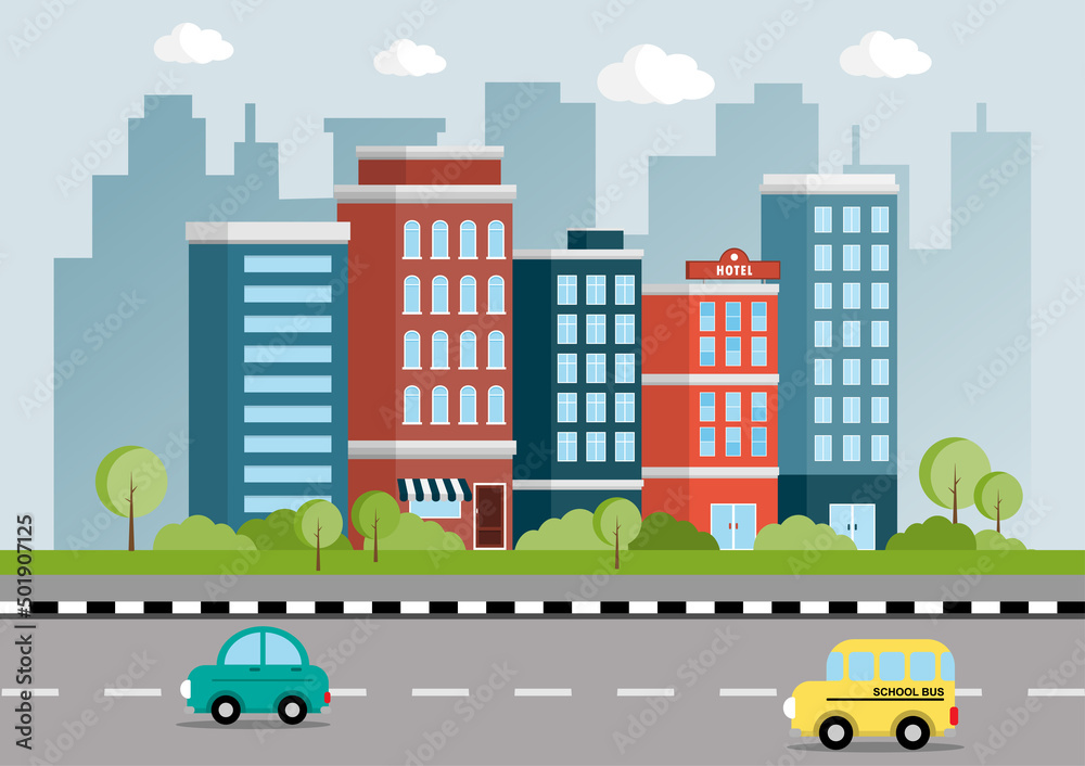 Urban landscape with colorful buildings, streets, and cars. Flat design with a small park in the cityscape. Vector Illustration.