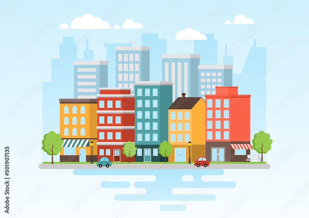Urban landscape with colorful riverside buildings. Cityscape flat design with street and cars by the lake. Vector Illustration.