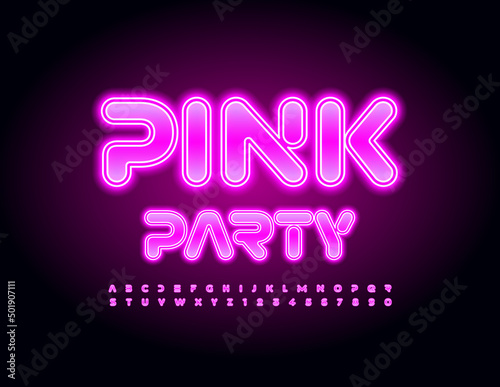 Vector decorative flyer Pink Party. Unique Neon Font. Electric Alphabet Letters and Numbers set