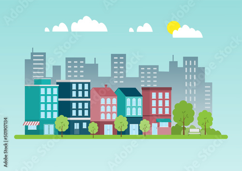 Urban landscape with colorful buildings. Flat design with a small park in the cityscape. Vector Illustration.