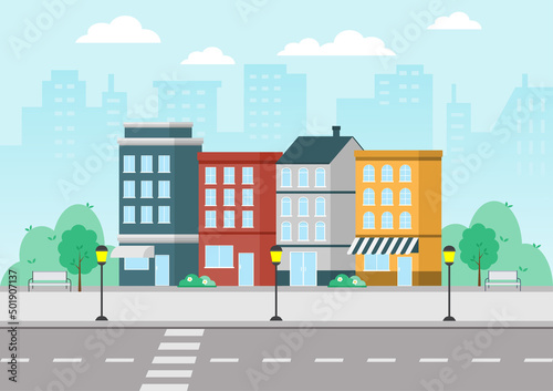 Urban landscape with colorful buildings  street  and crosswalk. Flat design with a small park in the cityscape. Vector Illustration.