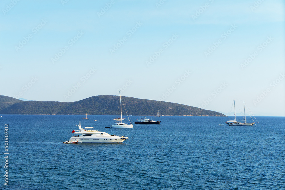 Yachts in Bodrum Marina, Aegean Sea, Turkey. Luxurious lifestyle and relaxation.