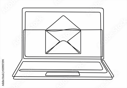 Laptop and envelope e mail list building illustration continuous one line art illustration. Can used for logo, emblem, slide show and banner. 