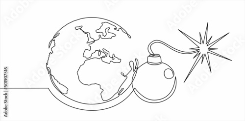 continuous line drawing of world planet with bomb with firing fuze, concept of the threat to the world with nuclear weapons.
