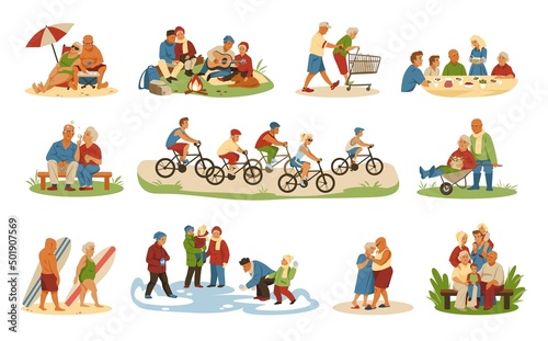 Happy family people. Grandparents and grandchildren on party. Senior characters together with adult sons daughters. Flat collection of elderly persons activities. Vector vacation scene set © SpicyTruffel