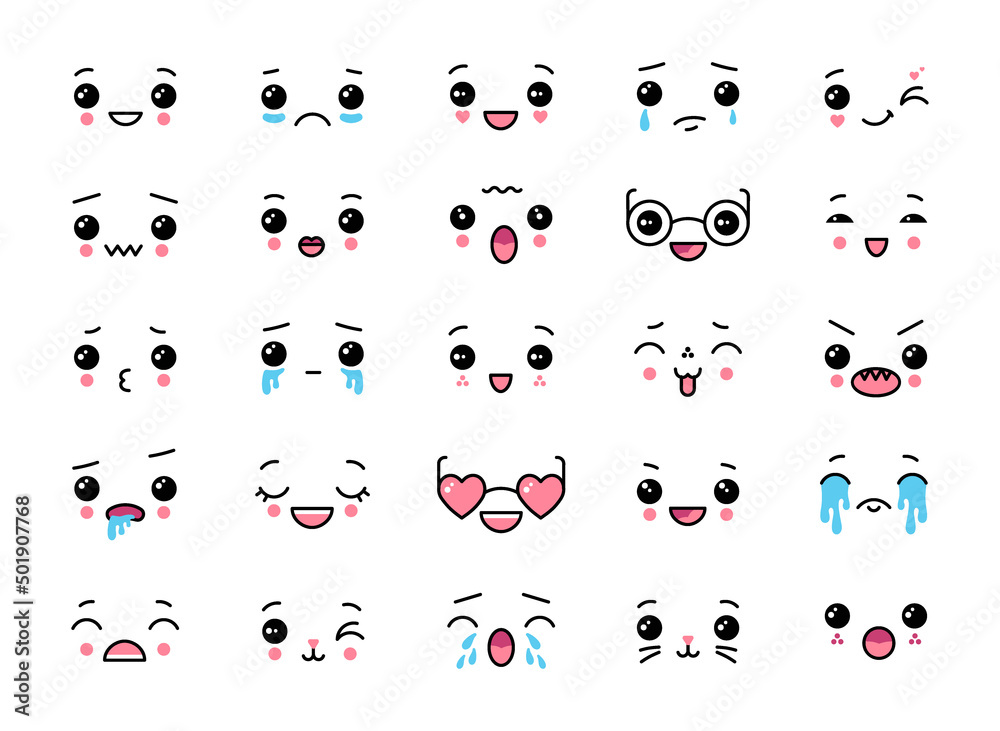 Kawaii cute faces. Anime comic funny emotion. Japanese emoji elements. Crying and cheerful
