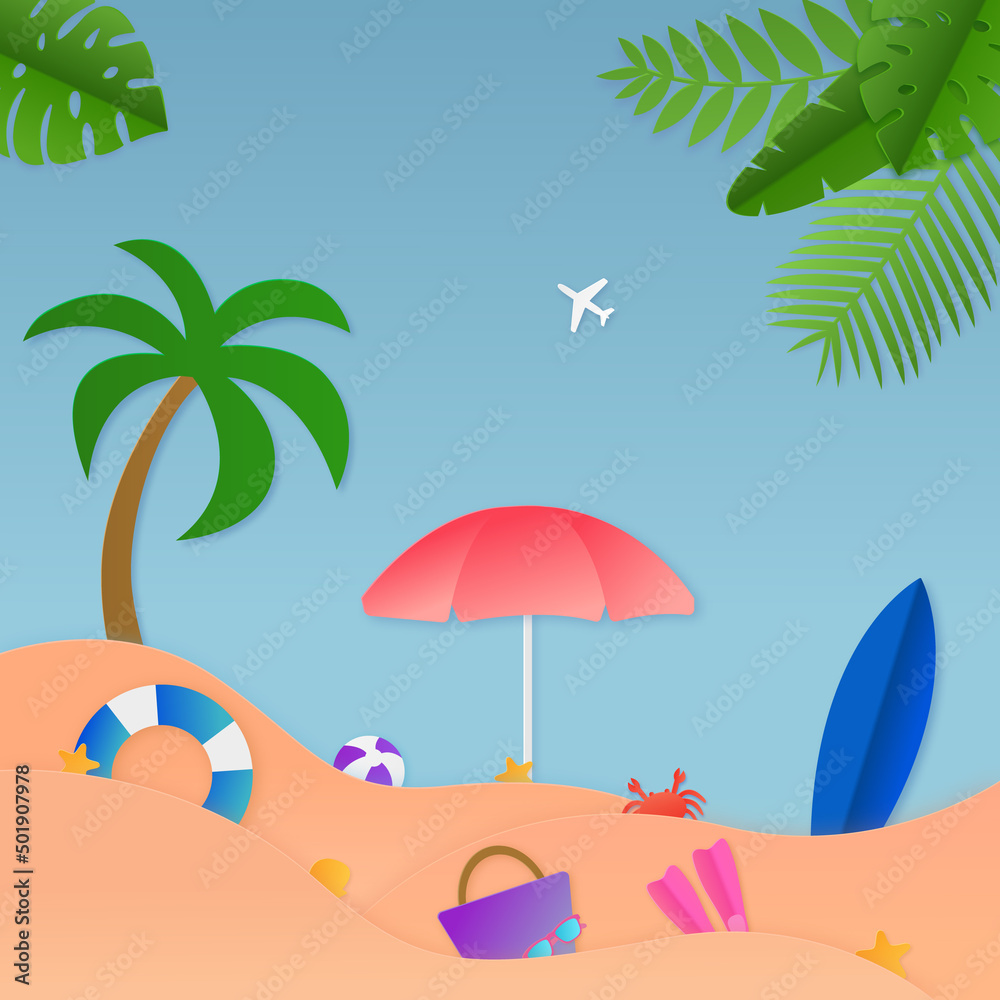 Hello Summer in paper cut style. Summer time. Palm trees and beach with umbrella, swimming ring, sunglasses, surfboard. Can be used for many purposes.