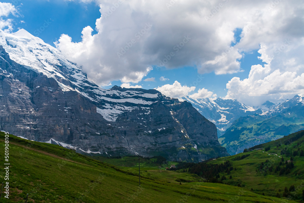 Fototapeta premium View of snow in the mountain with green grass in summer on a sunny day in switzerland, grinelward