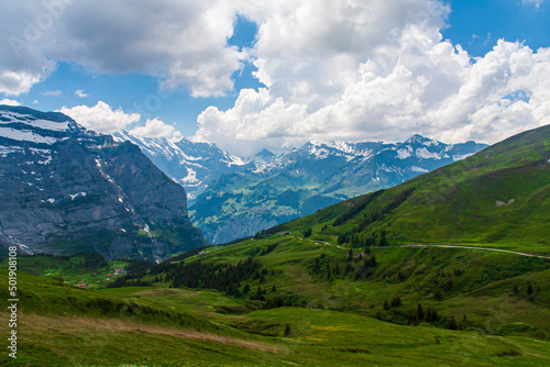 View of snow in the mountain with green grass in summer on a sunny day in switzerland, grinelward © Tak