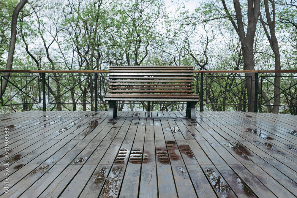 Wooden benches after the rain. Spring day in the park Wooden benches after the rain. Spring day in the park