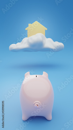 Piggy bank looking up a house up on a cloud over a blue seamless background