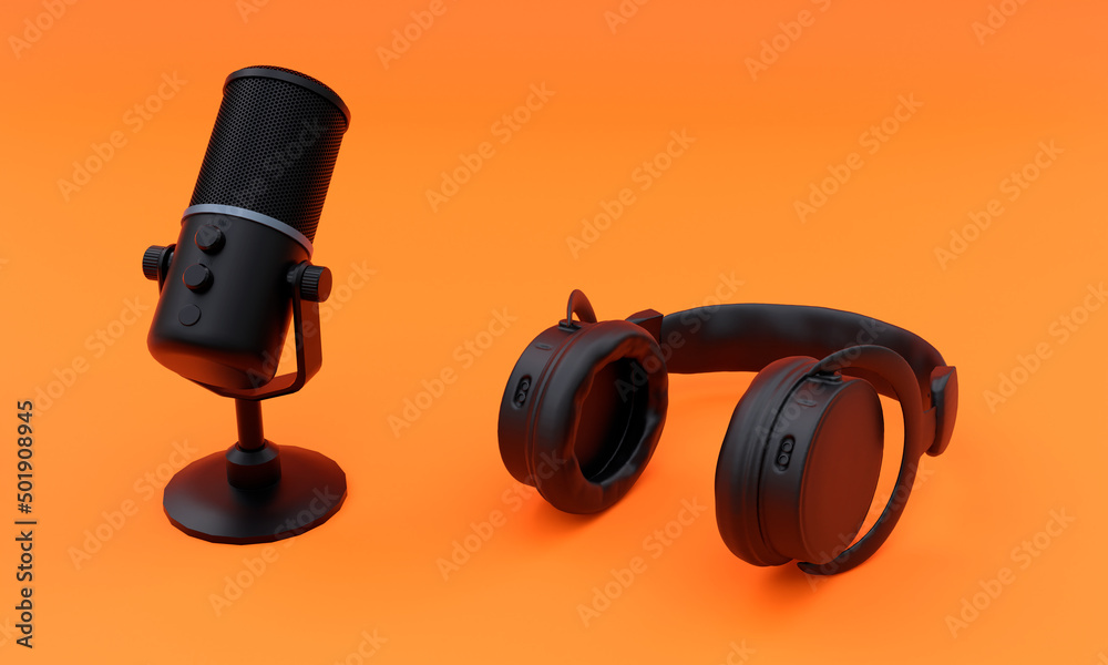 3d illustration, black headphones and microphone on orange background 3d rendering 3d illustration, black headphones and microphone on orange background 3d rendering