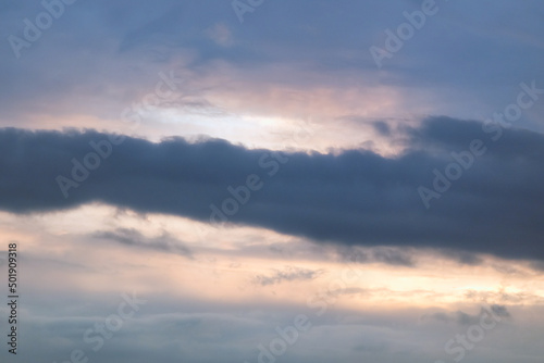 Beautiful dramatic evening sky in blue, yellow and orange colors. Sunset sky. Banner