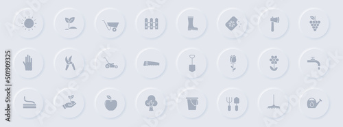 garden gray glyph icons on round rubber buttons. garden vector icons for web, mobile apps, ui design and promo business polygraphy