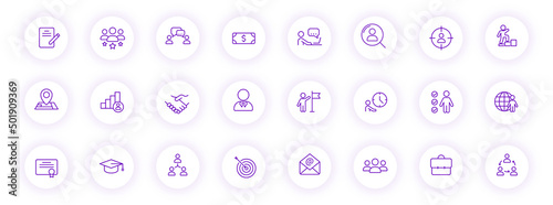 headhunting purple color outline icons on light round buttons with purple shadow. headhunting icon set for web, mobile apps, ui design and print