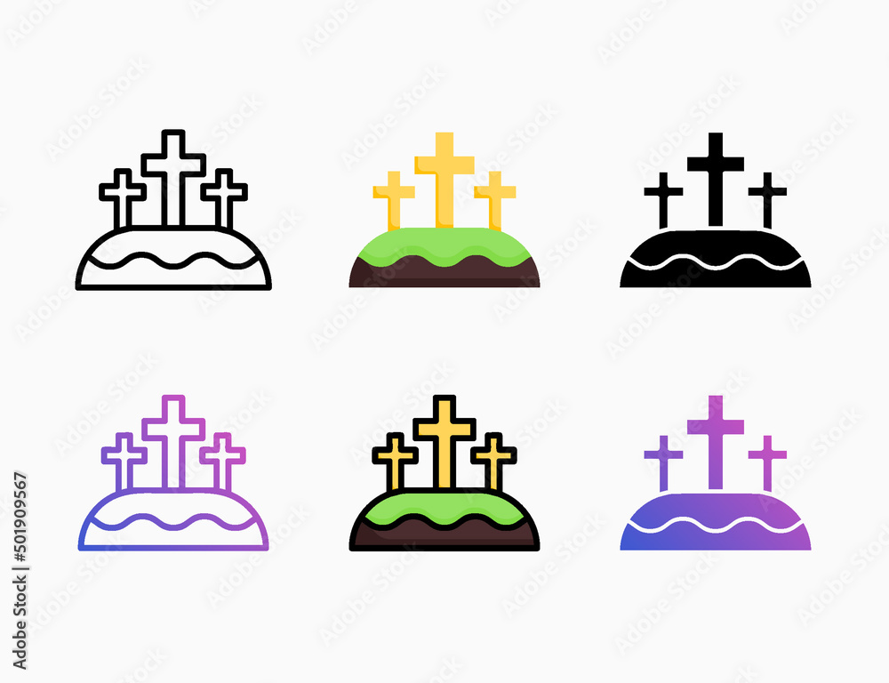 Golgotha icon set with different styles. Style line, outline, flat, glyph, color, gradient. Editable stroke and pixel perfect. Can be used for digital product, presentation, print design and more.