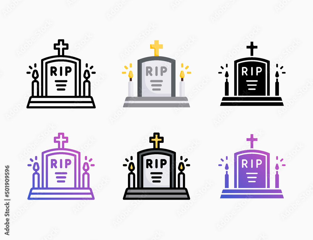 Tombstone icon set with different styles. Style line, outline, flat, glyph, color, gradient. Editable stroke and pixel perfect. Can be used for digital product, presentation, print design and more.