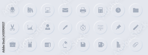 office gray glyph icons on round rubber buttons. office vector icons for web, mobile apps, ui design and promo business polygraphy