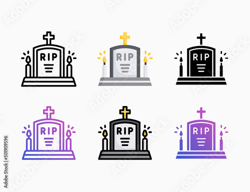 Tombstone icon set with different styles. Style line, outline, flat, glyph, color, gradient. Editable stroke and pixel perfect. Can be used for digital product, presentation, print design and more.