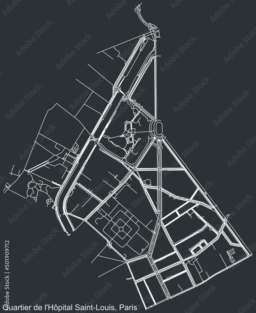 Detailed negative navigation white lines urban street roads map of the HÔPITAL-SAINT-LOUIS QUARTER of the French capital city of Paris, France on dark gray background