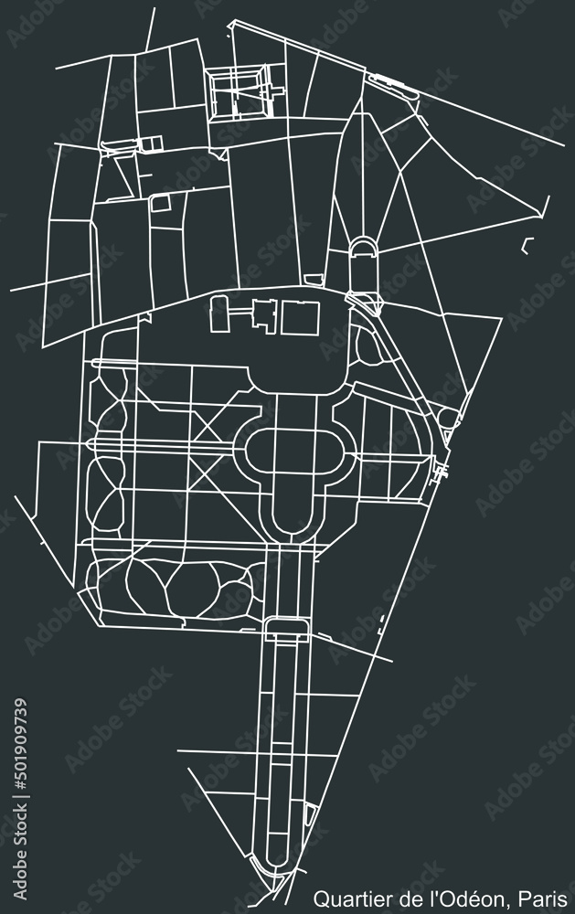 Obraz premium Detailed negative navigation white lines urban street roads map of the ODÉON QUARTER of the French capital city of Paris, France on dark gray background