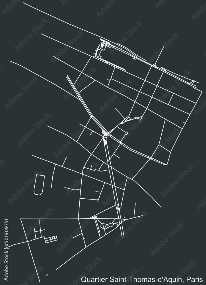Detailed negative navigation white lines urban street roads map of the SAINT-THOMAS-D'AQUIN QUARTER of the French capital city of Paris, France on dark gray background