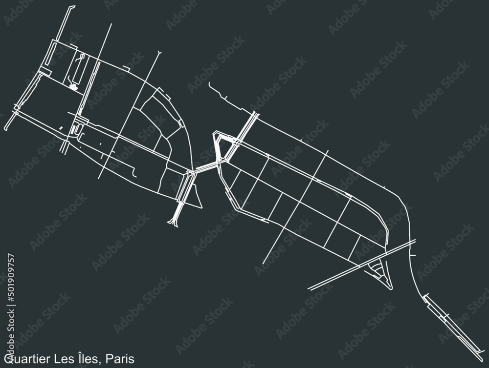 Detailed negative navigation white lines urban street roads map of the LES ILES - NOTRE-DAME QUARTER of the French capital city of Paris, France on dark gray background