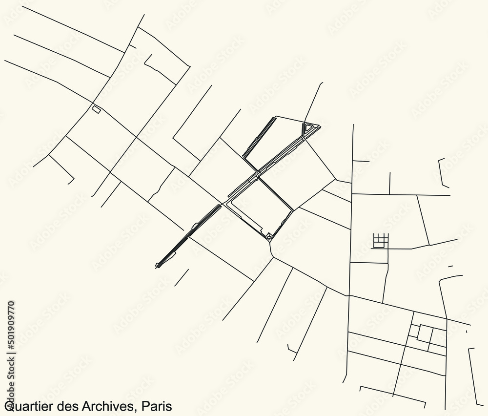 Detailed navigation black lines urban street roads map of the ARCHIVES QUARTER of the French capital city of Paris, France on vintage beige background