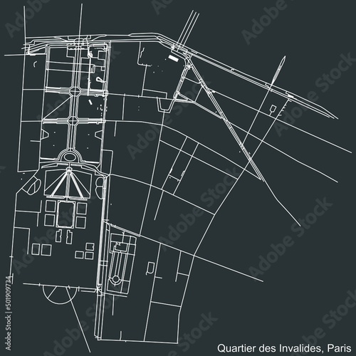 Detailed negative navigation white lines urban street roads map of the LES INVALIDES QUARTER of the French capital city of Paris, France on dark gray background