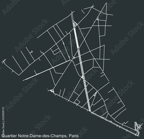 Detailed negative navigation white lines urban street roads map of the NOTRE-DAME-DES-CHAMPS QUARTER of the French capital city of Paris, France on dark gray background