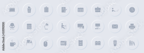 workspace gray glyph icons on round rubber buttons. workspace vector icons for web, mobile apps, ui design and promo business polygraphy
