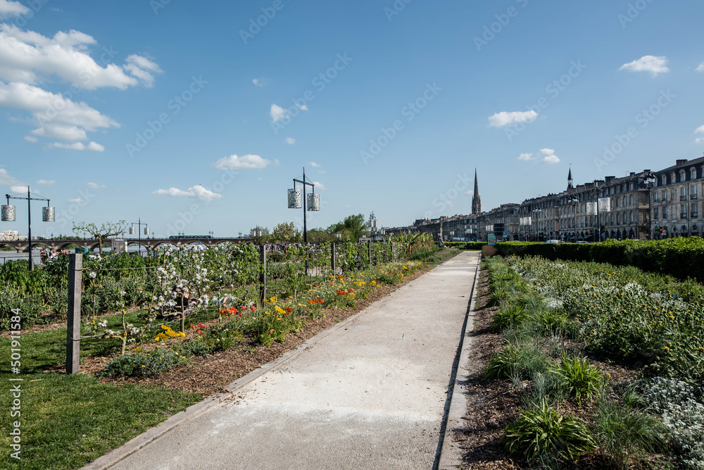walk along the quays of Bordeaux in Gironde with its flower gardens - obrazy, fototapety, plakaty 