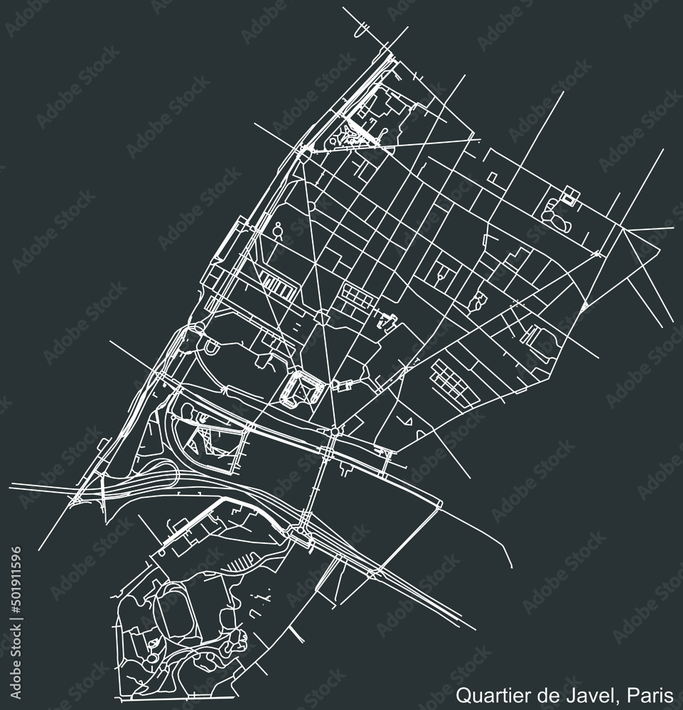 Detailed negative navigation white lines urban street roads map of the JAVEL QUARTER of the French capital city of Paris, France on dark gray background