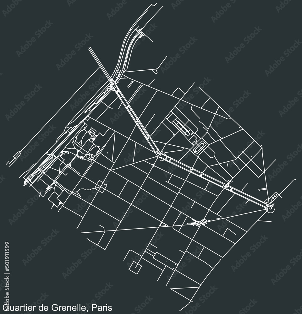 Detailed negative navigation white lines urban street roads map of the GRENELLE QUARTER of the French capital city of Paris, France on dark gray background