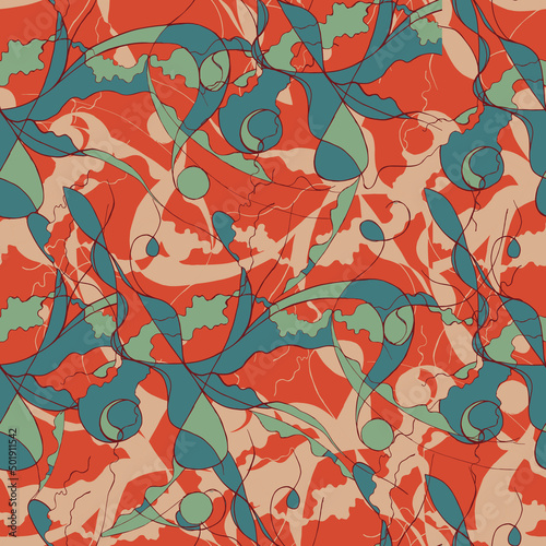 Bright seamless abstract background red and turquoise blots, oriental print for fabric.