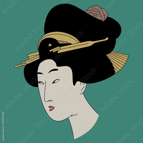 Head of a pretty Japanese woman with elaborate hairdo. Traditional ethnic style. On green background. Isolated vector illustration.