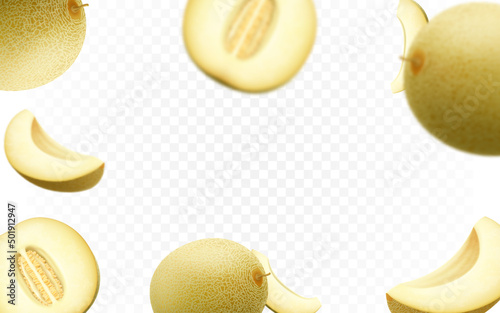 Falling melons fruit isolated on transparent background. Blurred and realistic melon slices. Vector seamless pattern for advertising. Realistic half, slice and whole of juice berriyes.