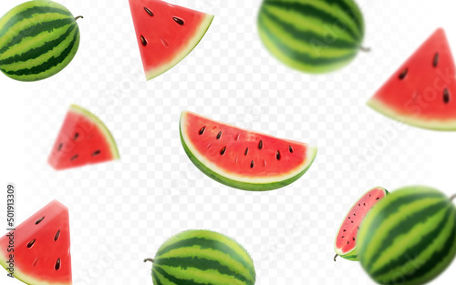 Falling watermelon fruit on transparent background. Blurred and realistic watermelon slices and geen leaves for advertising.