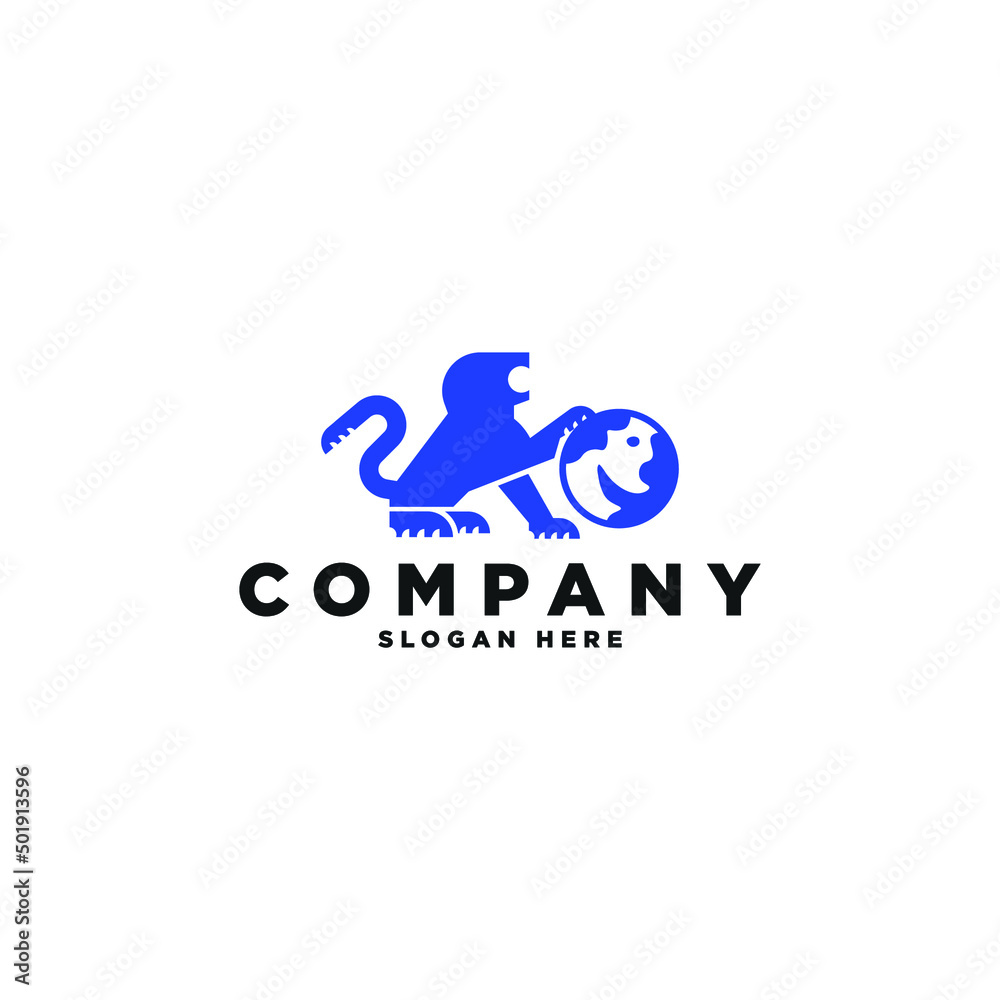 blue lion logo vector design illustration with modern, clean and luxury styles. premium lion hold earth logo design vector concept idea inspiration isolated on white background
